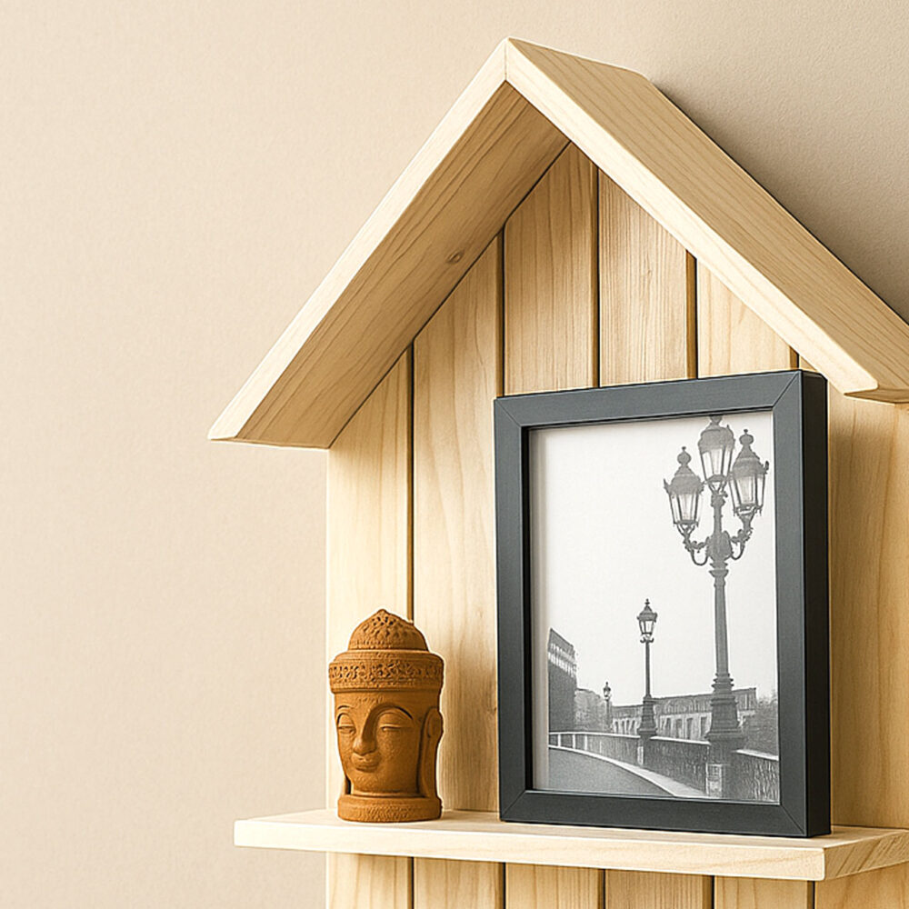 Mini House Design 2-Tier Wall Shelf | Wooden Hanging Rack for Home & Office - Image 4