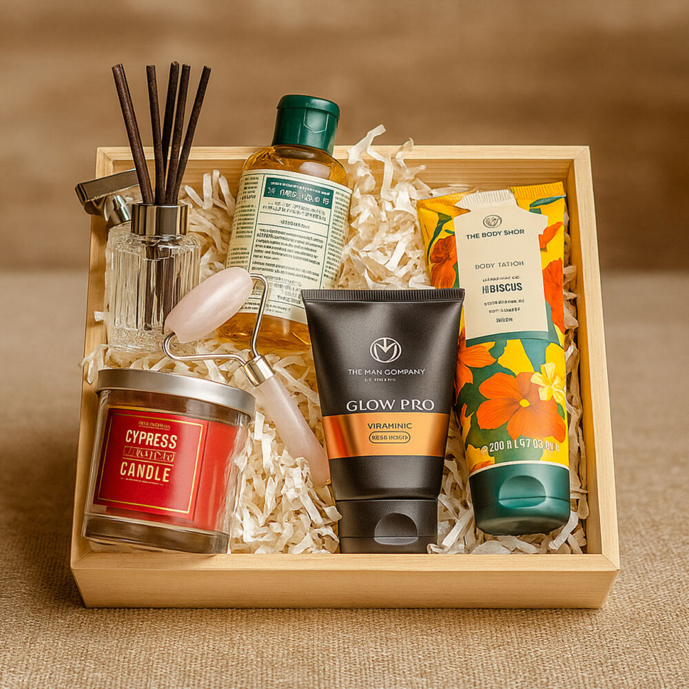 Rennover Pinewood Decorative Gift Basket – Square Wooden Hamper Tray (20cm x 20cm x 6cm) for Gifting & Home Décor