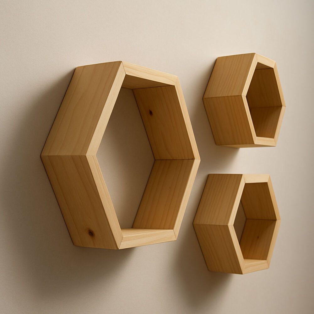 Hexagon Pinewood Wall Shelves (3-Pack) – Natural Color Floating Shelves for Bedroom & Kitchen | Rennover - Image 2
