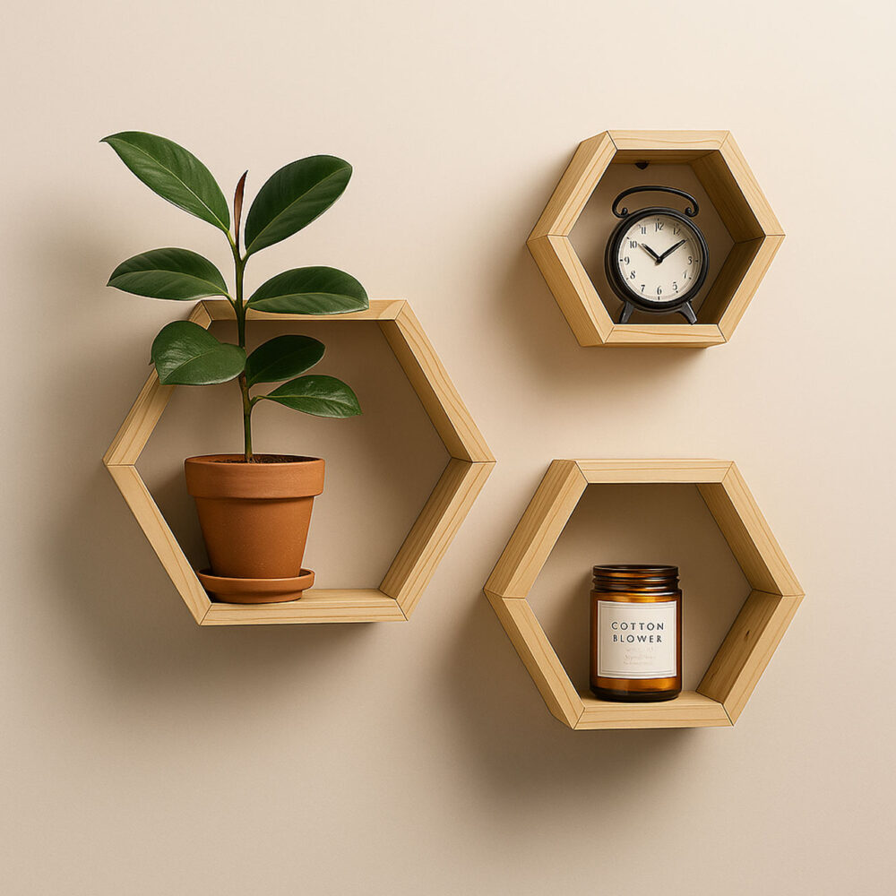 Hexagon Pinewood Wall Shelves (3-Pack) – Natural Color Floating Shelves for Bedroom & Kitchen | Rennover - Image 3