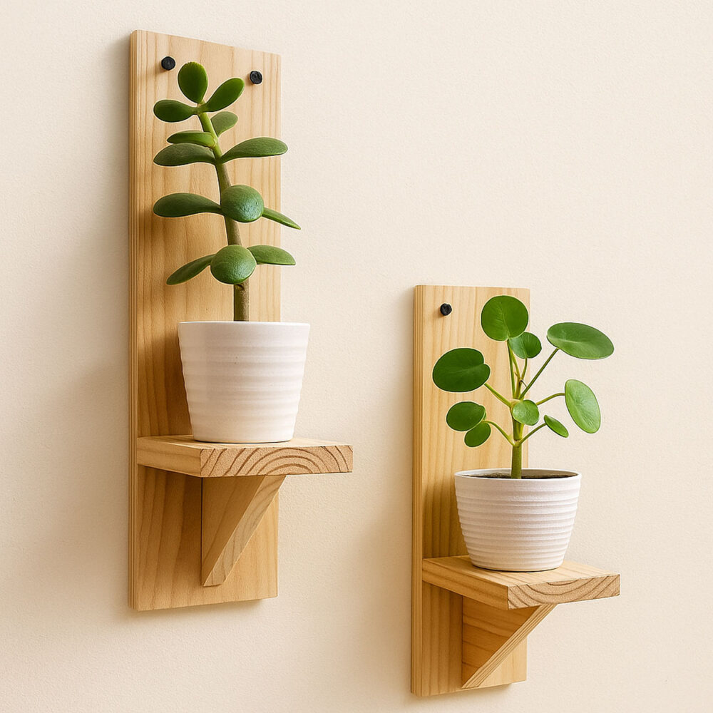 Small Wooden Wall Shelves for Plants – Set of 2 | Mini Floating Wall Shelf | 1-Tier Each | Wall Mounted Decorative Rack | Beige | Ideal for Succulents, Candles, Home Décor - Image 3