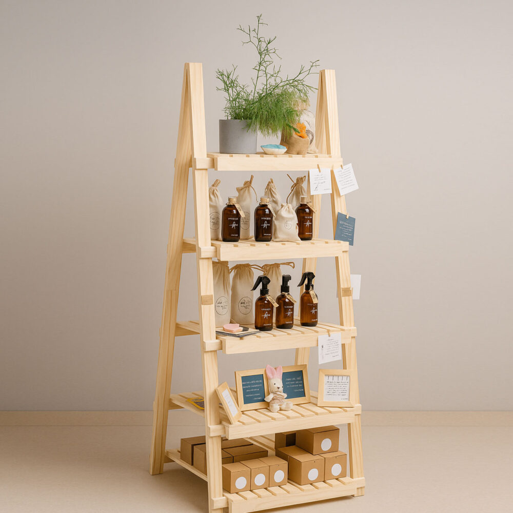 Wooden Display Shelf for Store & Exhibition – Foldable Prism 5-Layer A-Frame Rack - Image 2