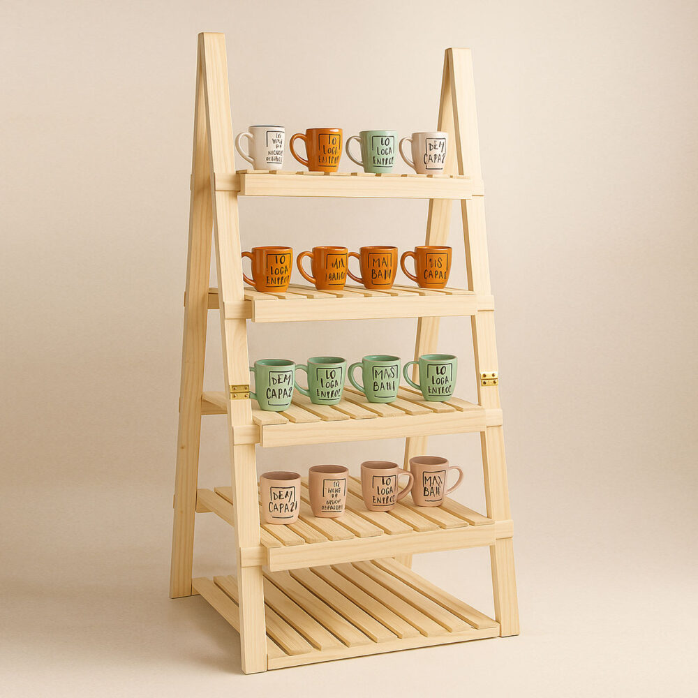 Wooden Display Shelf for Store & Exhibition – Foldable Prism 5-Layer A-Frame Rack - Image 3