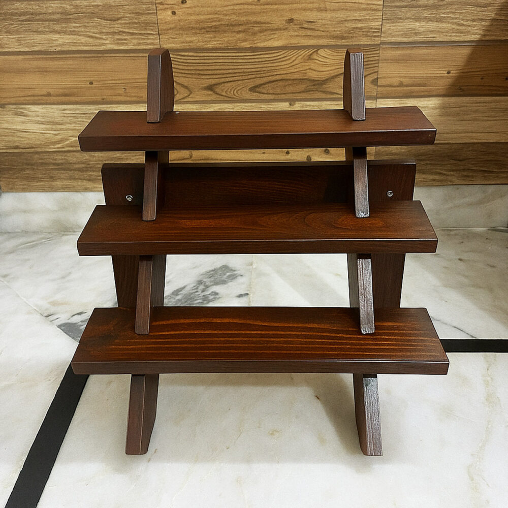 Collapsible Wooden Staircase Display Stand – 3-Tier Brown Customizable Organizer for Craft Fairs & Artisan Markets - Image 2