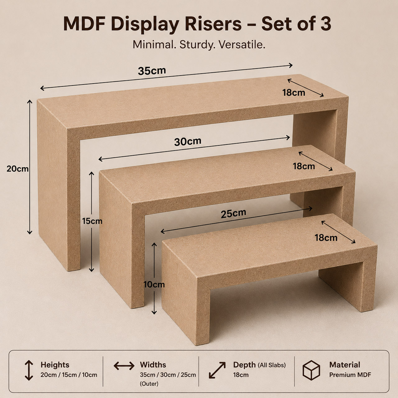 3-Tier MDF Display Risers – Modern 18cm Deep Stand for Retail, Events & Home Displays